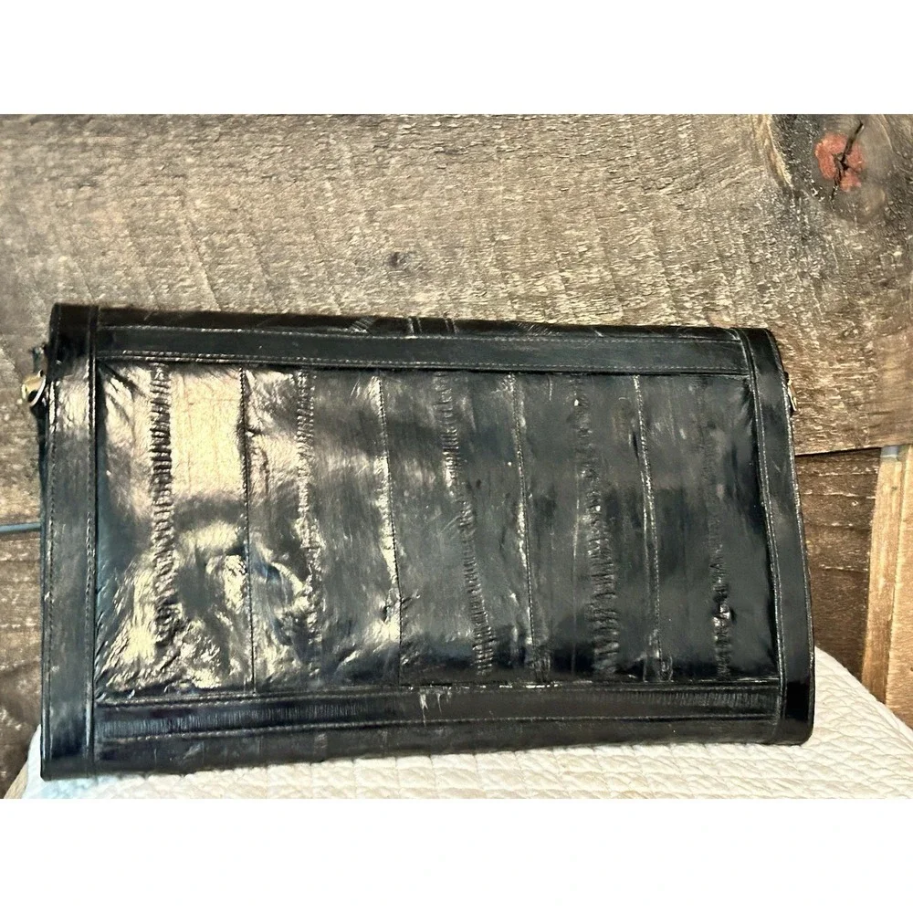 VTG‎  Large Eel Skin Clutch Crossbody Purse Black 11.5 x 7.5 In Korea 1980